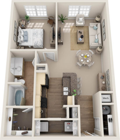 A1A unit 3D floor plan with 1 bedroom and adjacent bathroom, kitchen with bar section, living room, dining area, laundry, and large closet with entry via the bathroom.