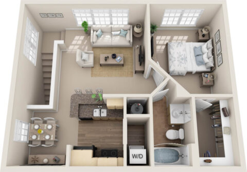 A1B unit 3D floor plan with 1 bedroom, 1 bathroom, kitchen with bar space, living room, dining area, laundry, closet, and access to garage on first floor.