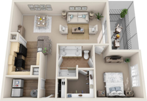 A1C unit 3D floor plan with 1 bedroom, 1 adjacent bathroom, kitchen with bar space, living room, dining area, laundry, closet, screened in balcony.
