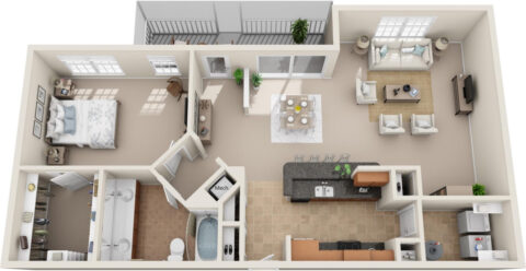 A1E unit 3D floor plan with 1 bedroom, large adjacent closet, 1 bathroom, kitchen with bar space, living room, dining area, laundry and screened in balcony.