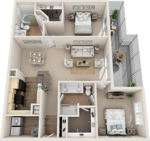 B2A unit 3D floor plan with 2 bedrooms, 2 large adjacent closet, 2 bathrooms, kitchen with bar space, living room, dining area, laundry room and screened in balcony.