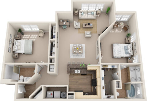 B2B unit 3D floor plan with 2 large bedrooms, 2 closets, 2 bathrooms, kitchen with bar space, living room, dining area, and laundry room.