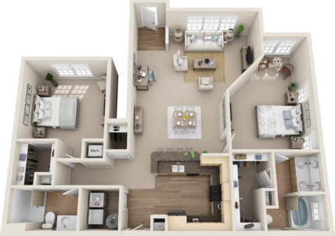 B2C unit 3D floor plan with 2 bedrooms with adjacent closets, 2 bathrooms, kitchen with bar section, living room, dining area, and laundry.