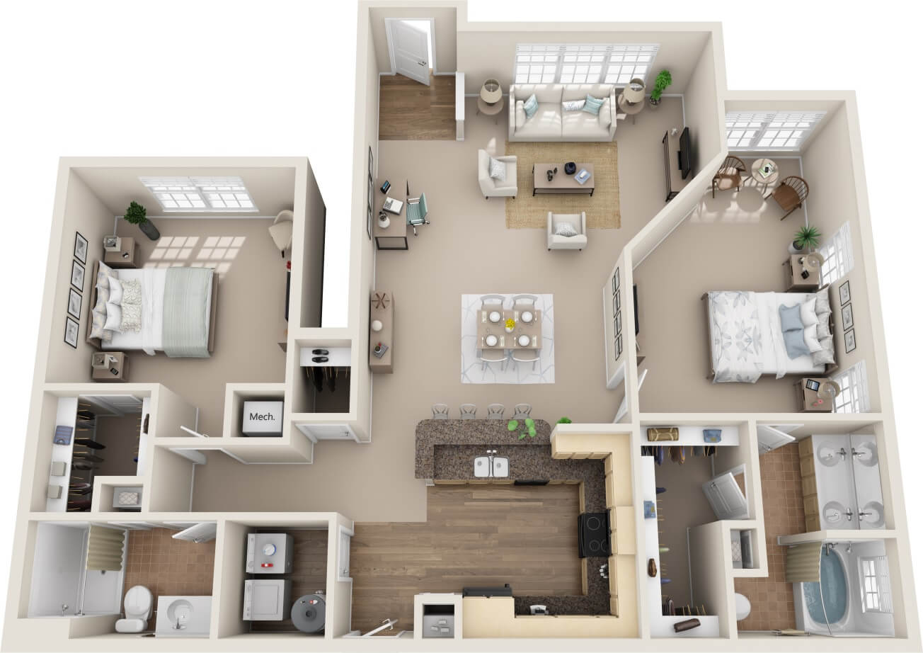 B2C unit 3D floor plan with 2 bedrooms with adjacent closets, 2 bathrooms, kitchen with bar section, living room, dining area, and laundry.