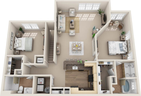 B2D unit 3D floor plan with 2 large bedrooms, 2 closets, 2 bathrooms, kitchen with bar space, living room, dining area, and laundry room, with access to lower level.