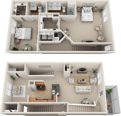B3A three-story townhome 3D floor plan with garage on first floor; living, dining, open kitchen, and balcony on second; 2 bedrooms, 2 bathrooms, and laundry on third.