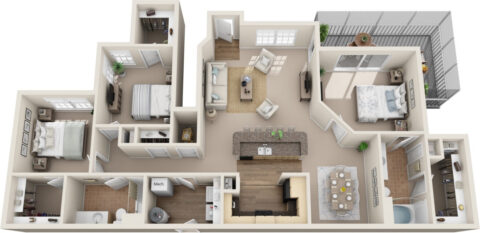 C2A unit 3D floor plan with 3 bedrooms with adjacent closets, 2 bathrooms, kitchen with separate island, living room, dining area, laundry, and wrap around corner balcony.