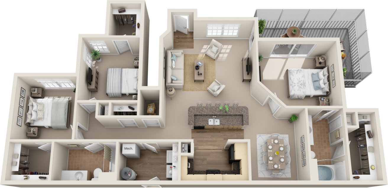 C2A unit 3D floor plan with 3 bedrooms with adjacent closets, 2 bathrooms, kitchen with separate island, living room, dining area, laundry, and wrap around corner balcony.