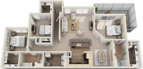 C2B unit 3D floor plan with 3 bedrooms with adjacent closets, 2 bathrooms, kitchen with island, living room, dining area, laundry, and wrap around corner balcony.
