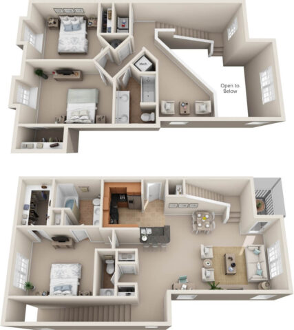 C3A two-story townhome 3D floor plan with living, dining, kitchen, one bedroom and 2 bathrooms on the first floor; 2 bedrooms, 1 bathroom, laundry, and open hallway landing on the second floor.
