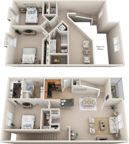 C3B two-story townhome 3D floor plan with living, dining, kitchen, one bedroom and 2 bathrooms on the first floor; 2 bedrooms, 1 bathroom, laundry, and open hallway landing on the second floor.